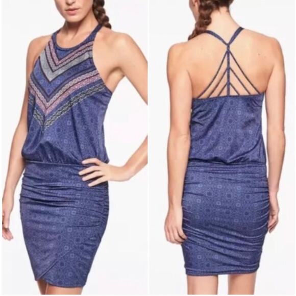 ATHLETA Aqualuxe Print Strappy Back Swim Dress Women's Size XS Blue Water Pool - Picture 1 of 5